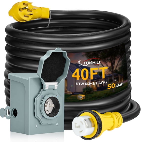 50 Amp Generator Extension Cord, Pre-Drilled Power Inlet Box with Twist Lock, Generator Cable 50A 4 Prong, NEMA 14-50P/SS2-50R Heavy Duty 6/3+8/1 AWG STW Wire for RV Camper & House