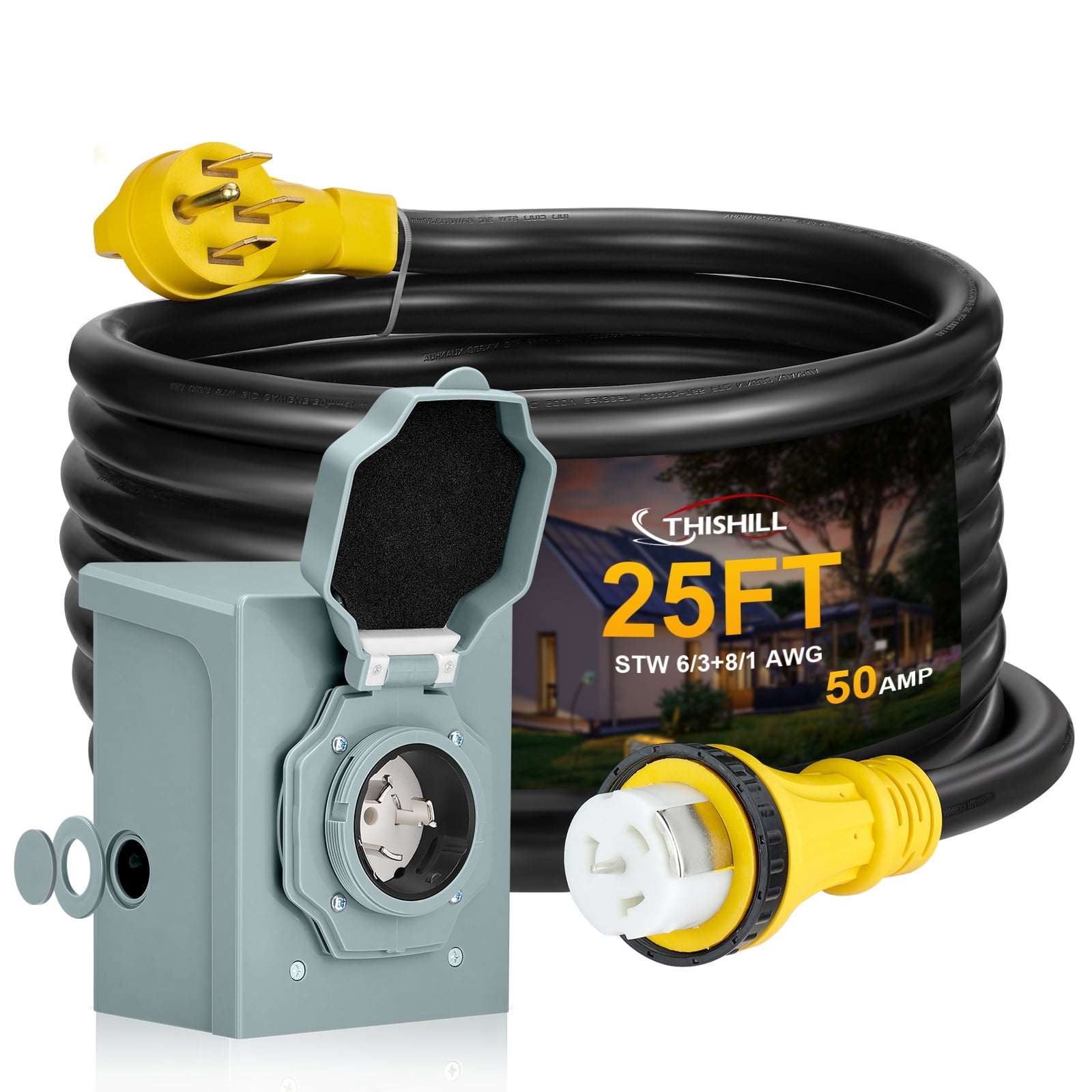 50 Amp Generator Extension Cord, Pre-Drilled Power Inlet Box with Twist ...