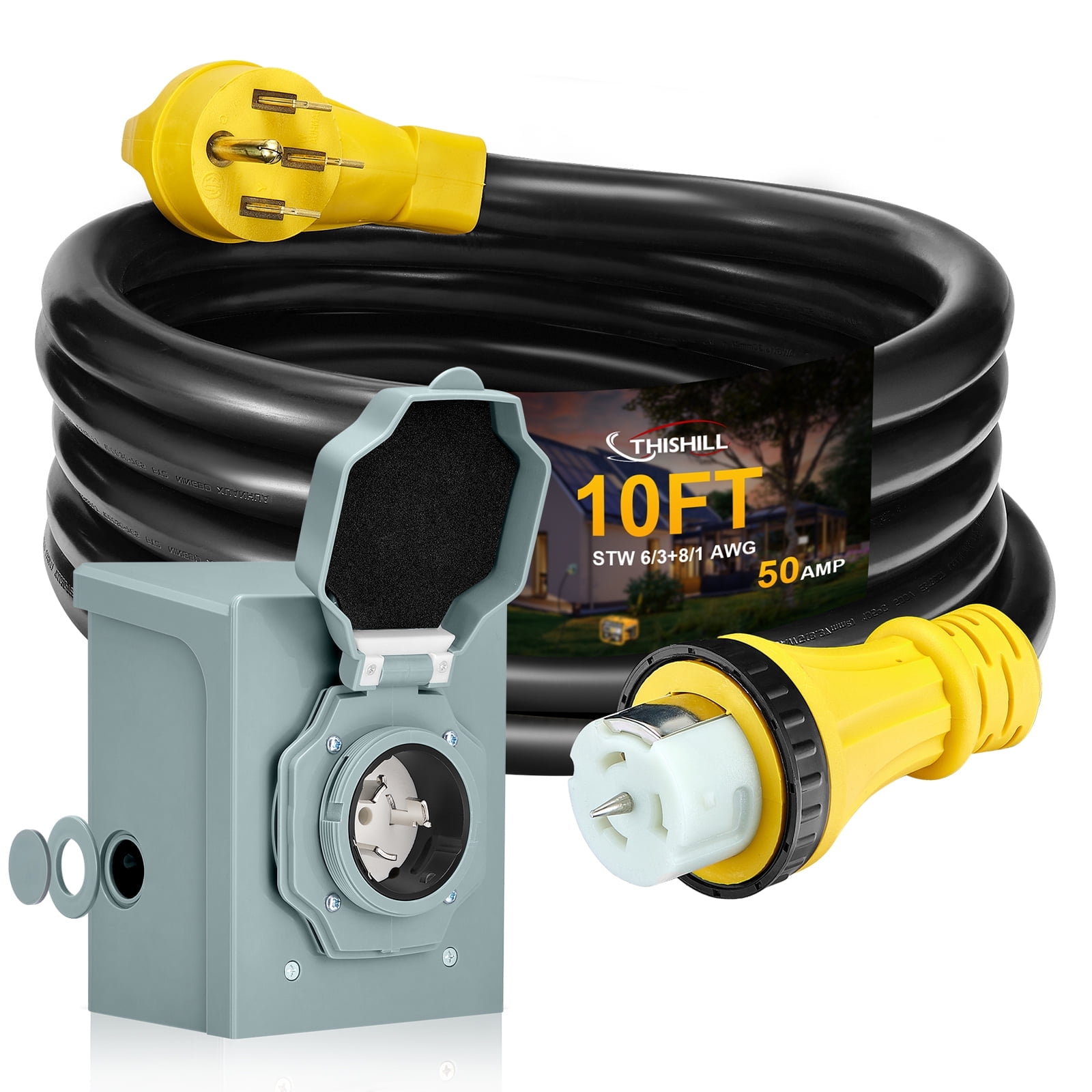 50 Amp Generator Extension Cord, Pre-Drilled Power Inlet Box with Twist  Lock Connector, 125/250V Heavy Duty STW 6/3+ 8/1 RV Power Cord for EV  Charging ..., image size:1600x1600