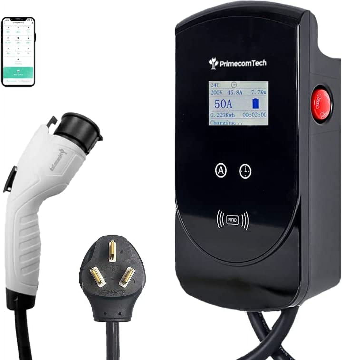 50 Amp - PRIMECOM.TECH Level-2 Smart Electric Vehicle Home Charging Station 220 Volt for Tesla and All EV Brands 30' Feet Length (25 Feet, NEMA 14-50p)