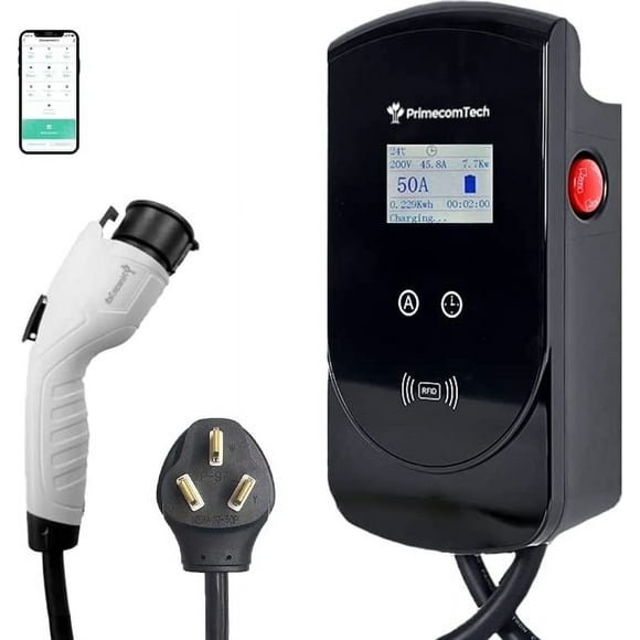 50 Amp - PRIMECOM.TECH Level-2 Smart Electric Vehicle Home Charging Station 220 Volt for Tesla and All EV Brands 30' Feet Length (25 Feet, NEMA 14-50p)