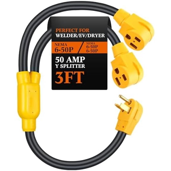 50 Amp Welder Y Splitter Adapter Cord Compatible with NEMA 6-50P to NEMA 6-50R/ 6-50R, 3 Feet 3 Prong Splitter for Welder and EV Charger, 250 Volt, 6/3, AWG 3 Conductors, Yellow