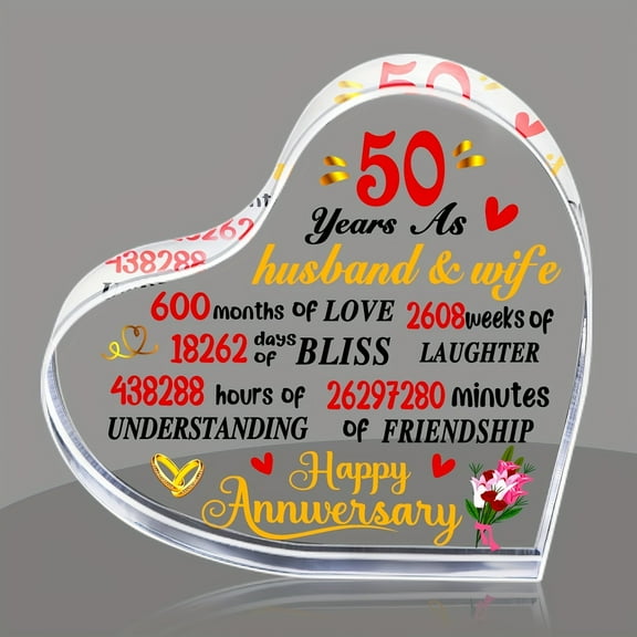 50 Anniversary Acrylic Heart Sculpture Art Deco Style Romantic Theme Celebrating Couple's 50th Anniversary Golden Wedding Anniversary Perfect Gift for Parents Spouses 4 Inch