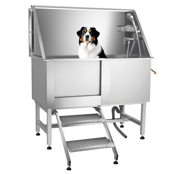 50" Anti-Slip Stainless Steel Dog Grooming Tub with Anti-Slip Steps & Faucet