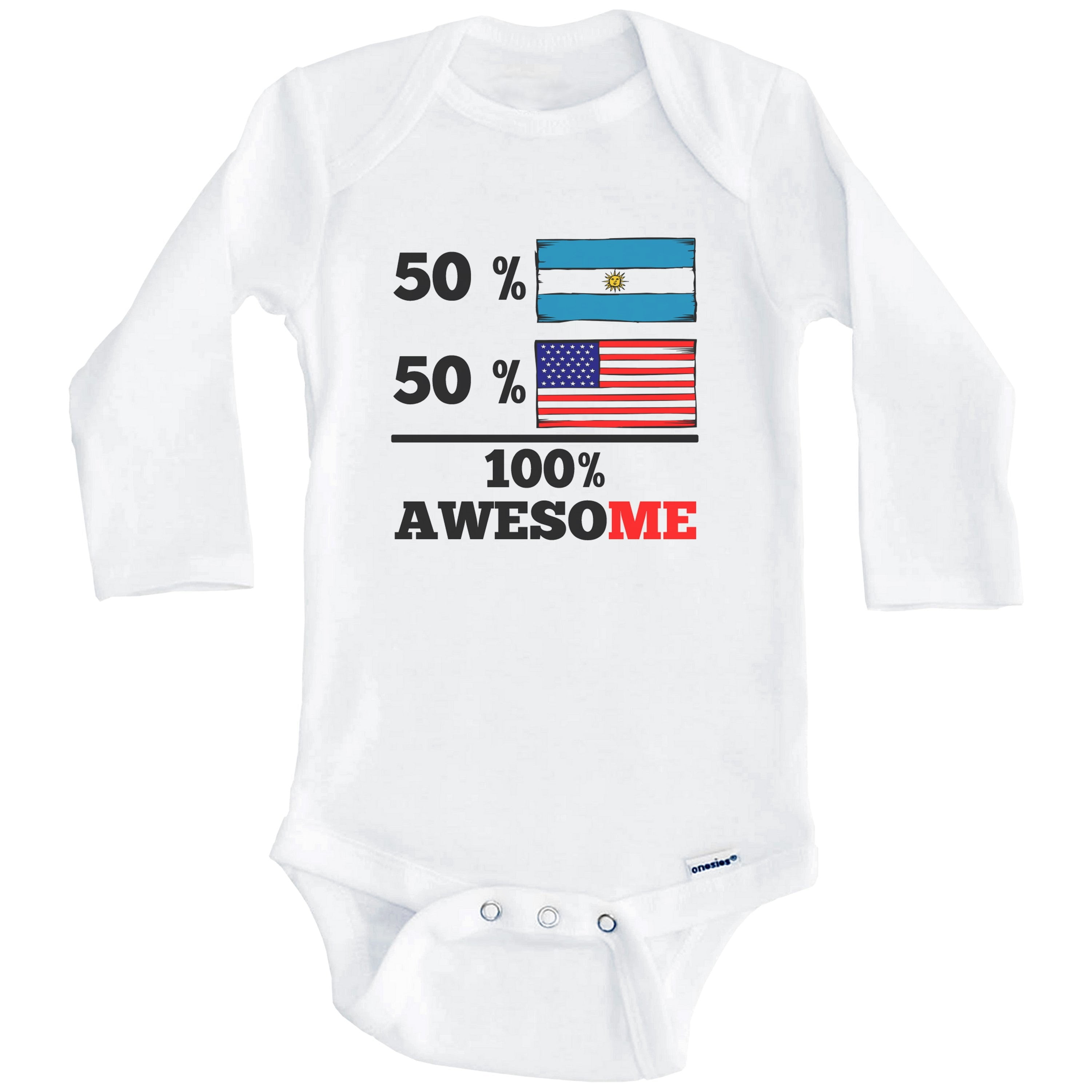 50% Argentinian 50% American 100% Awesome Funny Argentina Flag One Piece Baby Bodysuit (Long Sleeve), 0-3 Months White