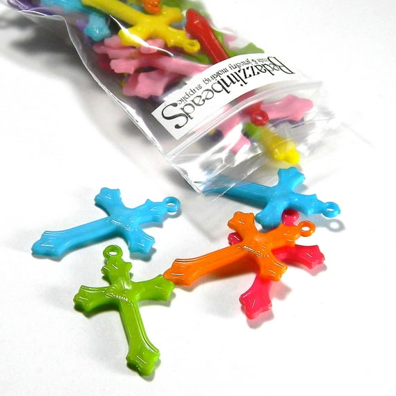 50 Assorted Big 1 1/2 inch Long Plastic Acrylic Cross Charm Pendants in a Mix of Bright Colors