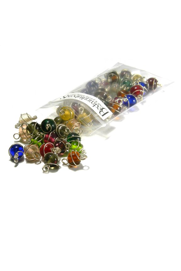 50 Assorted Color Silver Wire Wrapped 7mm - 8mm Round Glass Link Beads with Charm Loop Rings