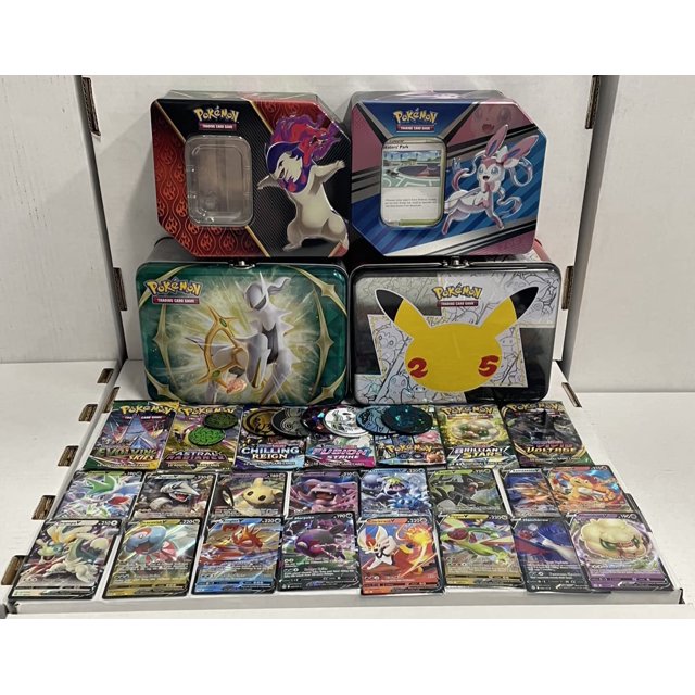 50 Assorted Pokemon Cards in a Pokemon tin 1 Ultra Rare Card 1