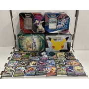 50 Assorted Pokemon Cards in a Pokemon tin - 1 Ultra Rare Card - 1 Factory Sealed Pokemon Booster Pack - 1 Coin
