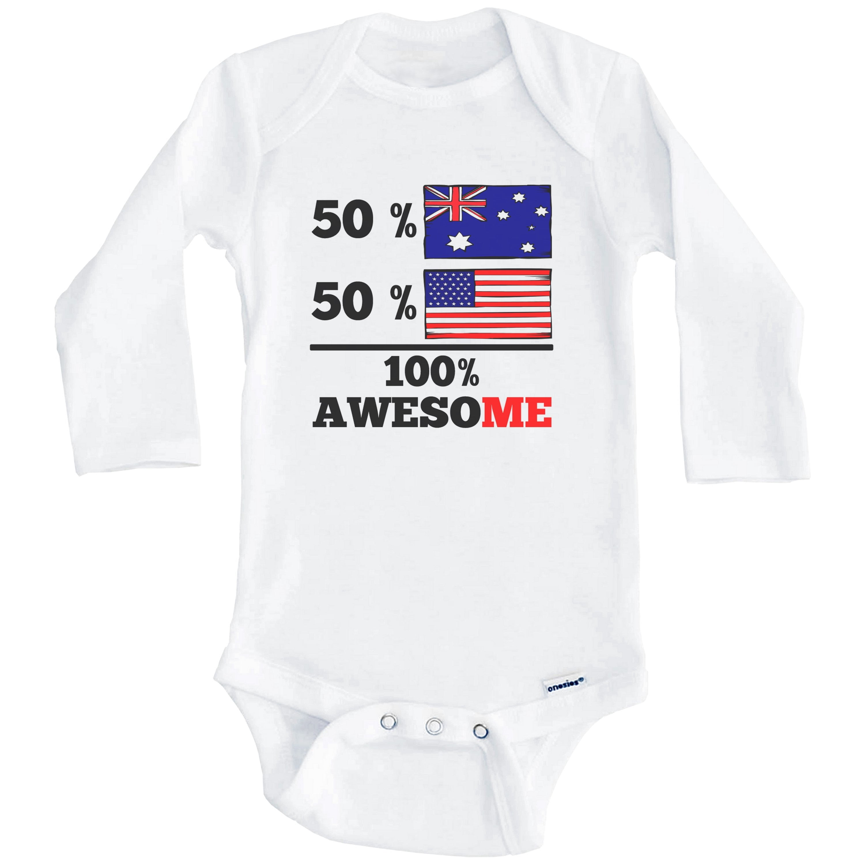 50% Australian 50% American 100% Awesome Funny Australia Flag One Piece Baby Bodysuit (Long Sleeve), 6-9 Months White