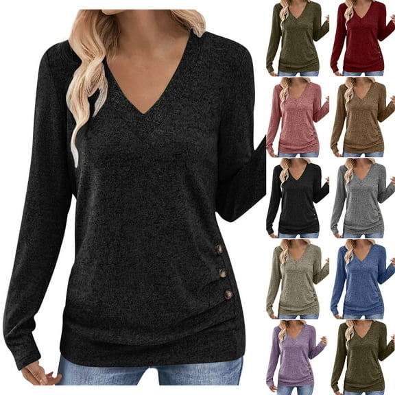 Long Sleeve Shirts for Women V-neck Hooded Spring/Fall Long Sleeve Blouse Casual Tunic Tops Lightweight Pullover Sweaters for Women