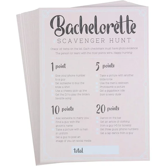 50 Bachelorette Scavenger Hunt Drinking Game And Dares, Fun Cards Party Games