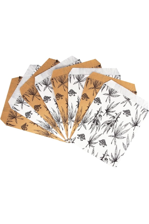50 Bags of our Mixed, 5" x 7" Hemp theme pattern flat paper bags for stores, dispensaries, treats, gifts, promotions, and more.
