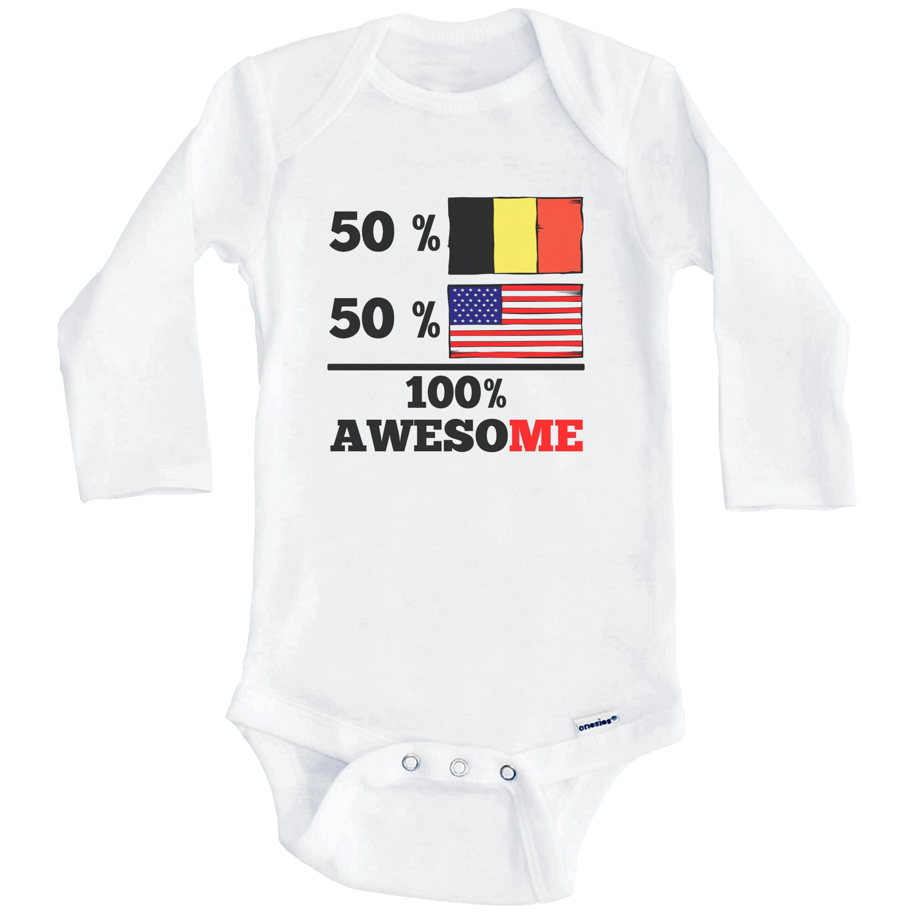 50% Belgian 50% American 100% Awesome Funny Belgium Flag One Piece Baby Bodysuit (Long Sleeve), 3-6 Months White