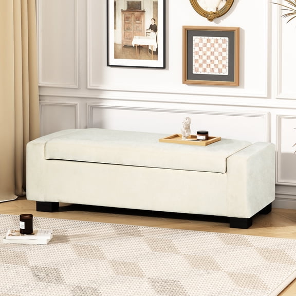 50" Bench In Textured Fabric Design - Living Room, Bedroom, Entryway Enhance Hidden Storage, Seating, Footrest, White, , Birch Legs Style