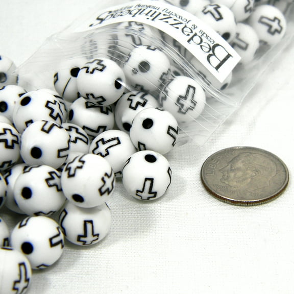 50 Big 10mm White & Black Plastic Acrylic Cross Chunky Ball Beads with Engraved Christian Crosses