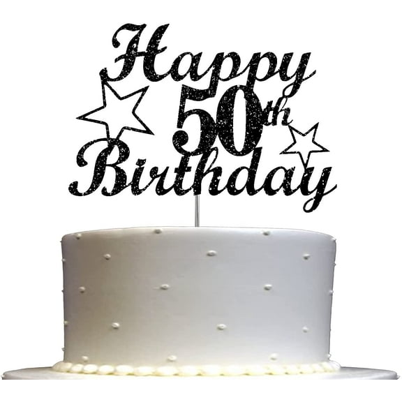 50 Birthday Black Glitter Cake Topper, 50th Party Decoration Ideas, Sturdy Doubled Sided Glitter, Acrylic Stick. Made in USA
