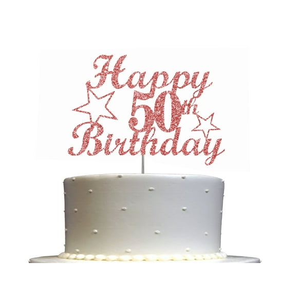 50 Birthday Cake Topper Rose Gold Glitter, 50th Party Decoration Ideas, Sturdy Doubled Sided Glitter, Acrylic Stick. Made in USA