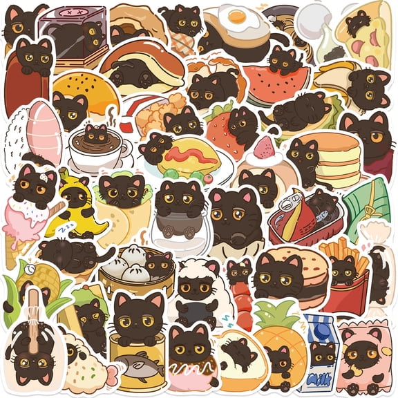 50 Black Cat Stickers, Cute Food Cat Vinyl Decals for Water Bottles, Laptops, Journals, Scrapbooks, Phones & Kids Crafts
