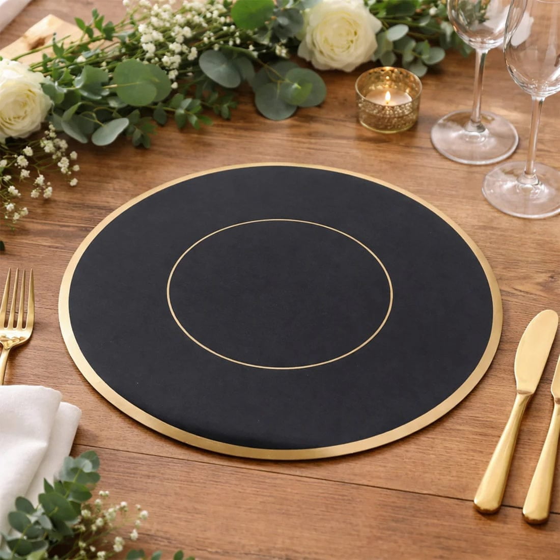 50 Black Disposable 13 in Round Cardboard Paper Table Placemats with Gold Rim