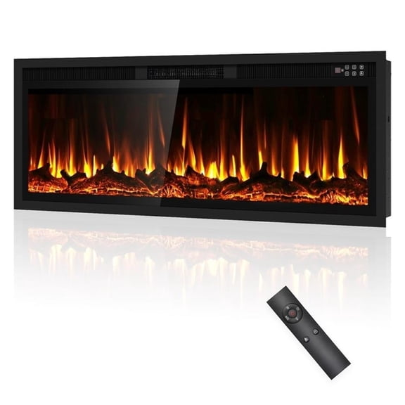50" Black Recessed/Wall Mount Electric Fireplace with 3D Flames & Dual Control