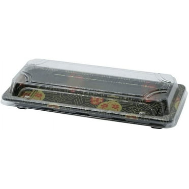 [50] Black Sushi Trays with Lids 8.75 x 3.75 Inch - Disposable Sushi Packaging Box, Carry Out Container, Take Out Boxes, Black Plastic To Go Containers, Entrees, Appetizers or Desserts