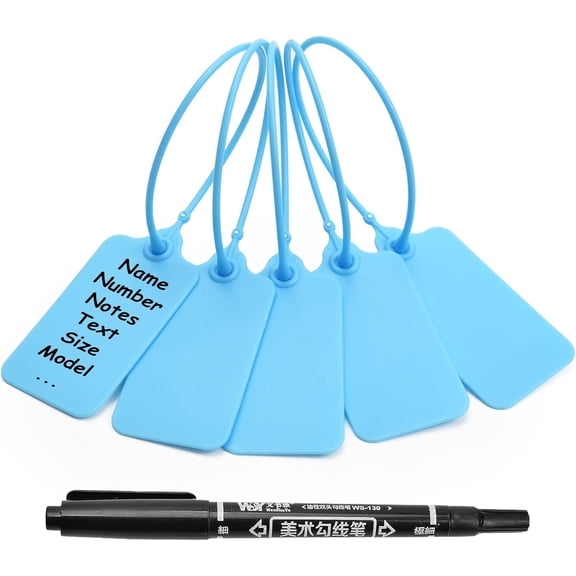 50 Blue Blank Plastic Tags for Labeling Waterproof Hanging Labels Writable Tags Seal Plastic Marking Label for Clothes Bags Keys Inventory with One Marker Pen
