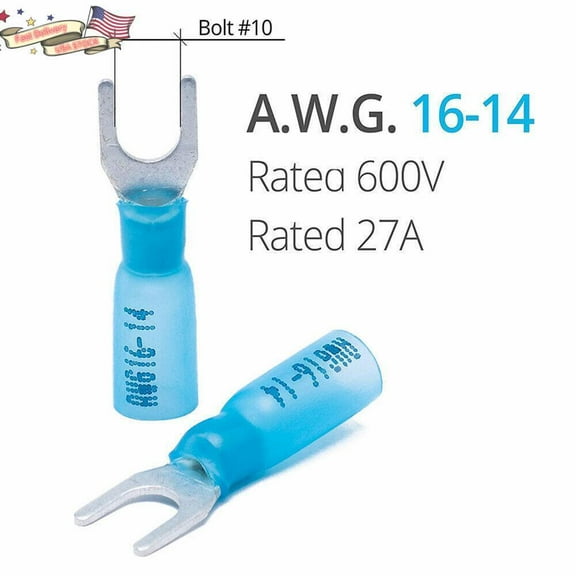(50) Blue Heat Shrink 14-16 AWG Spade Fork Wire Connector Terminal #10 Stud