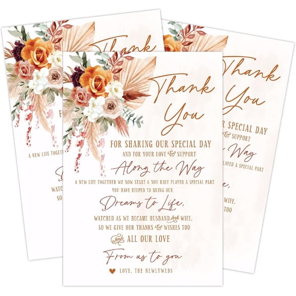 50 Boho Orange and Terracotta Floral Wedding Thank You Place Setting Cards, Great For Adding to Your Table Centerpieces and Wedding Decorations for Receptions, Pack of 50 Cards