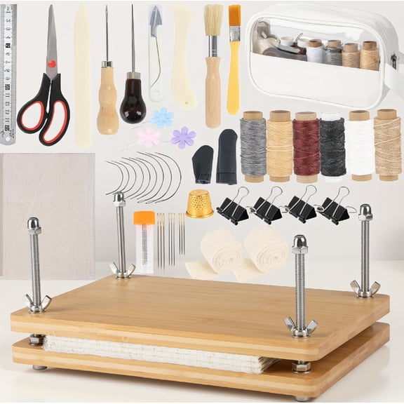 50 Book Binding Kit with Book Press, Wax Thread, Bone Folder, Needles, Awls & Book Cloth, 11.6 x 7.8 In