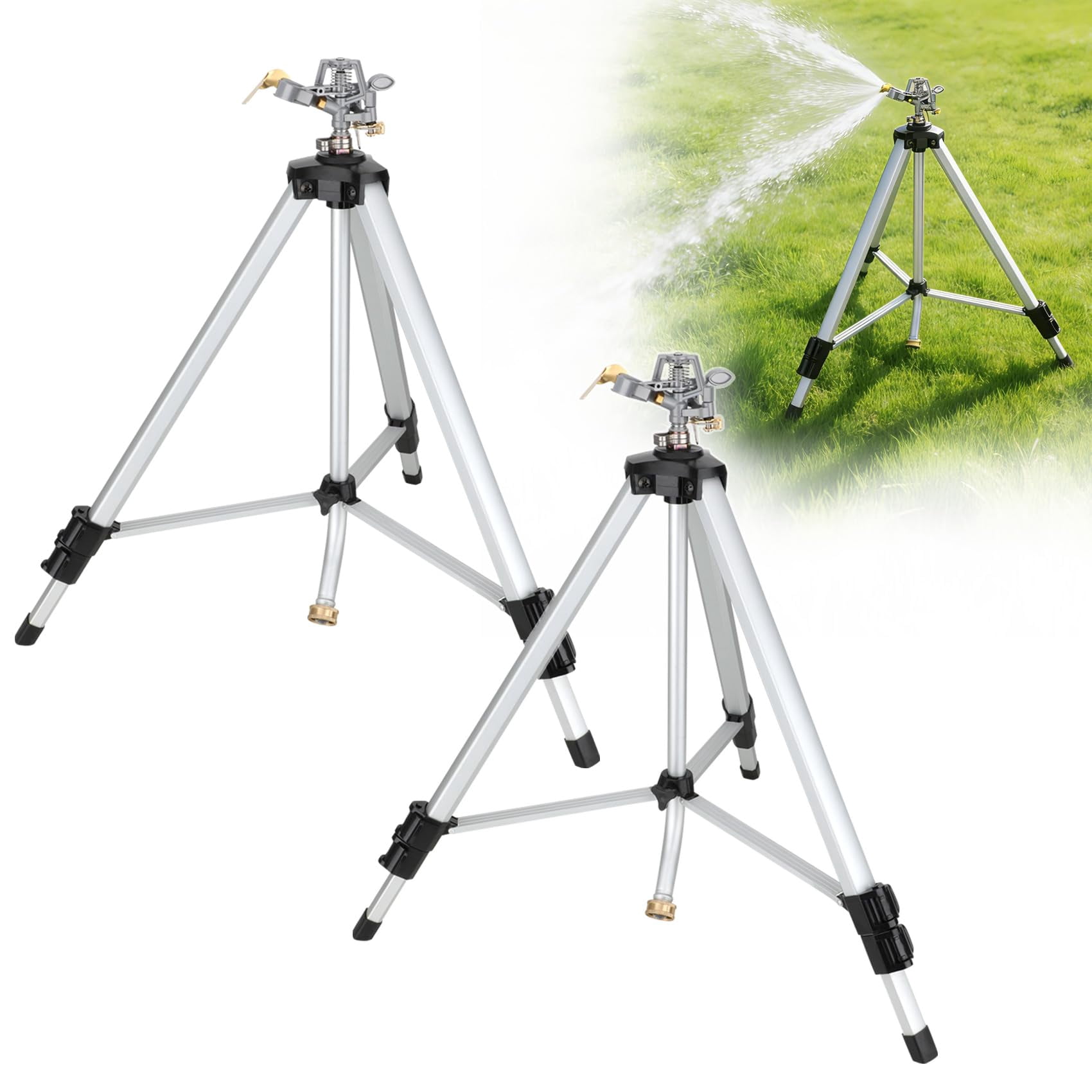 50" Brass Impact Sprinkler On Tripod Base 2pcs Heavy Duty Metal Pulsating Telescoping 360 Degree For Large Area Yard Lwan&garden Waters Up To 90 Ft. Diameter Covering 6360sqft