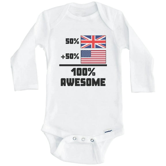 50% British 50% American 100% Awesome Funny Flag One Piece Baby Bodysuit (Long Sleeve), 0-3 Months White