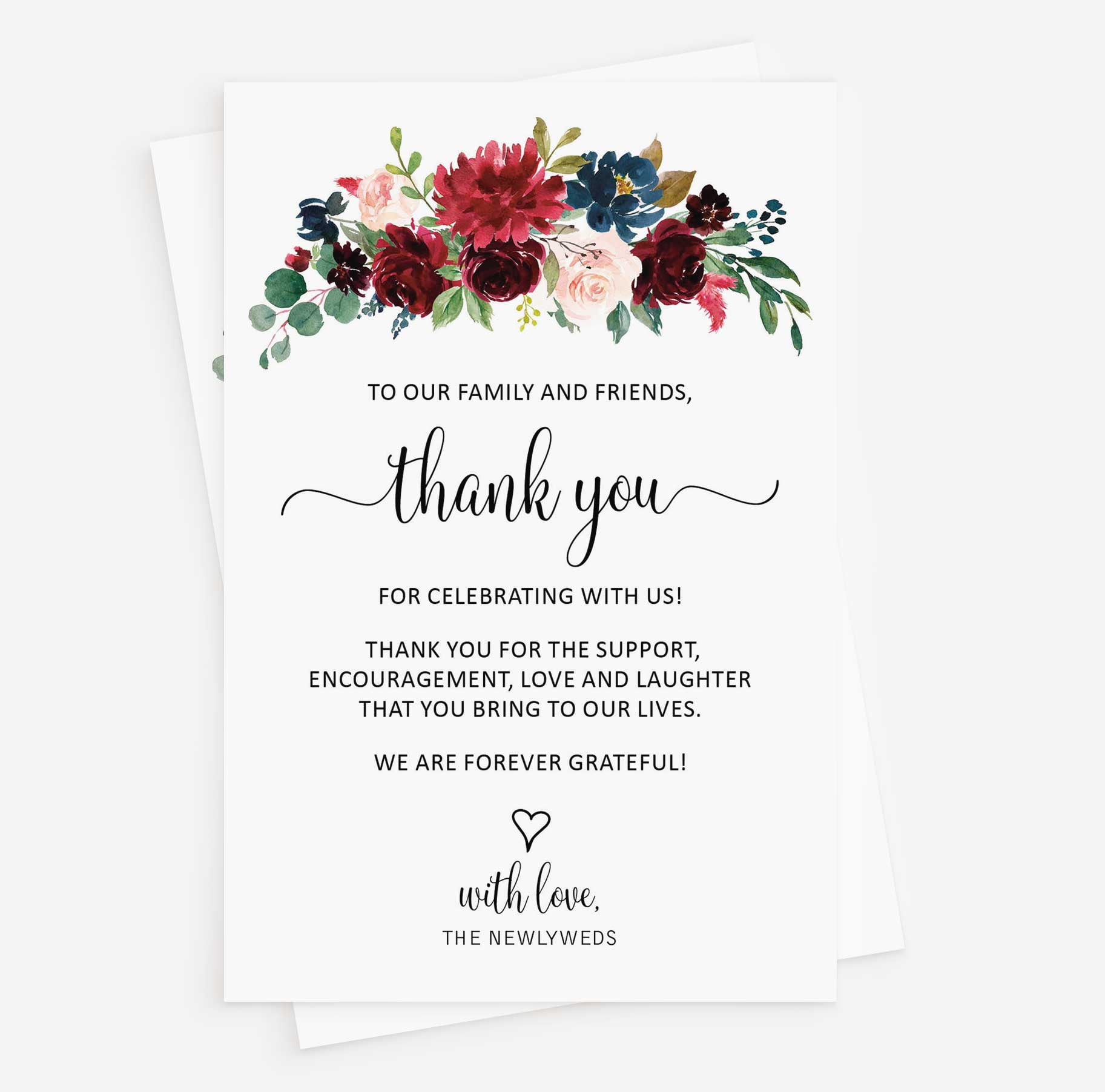 50 Burgundy Marsala Navy Thank You Place Cards, Wedding, Rehearsal