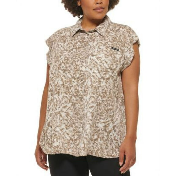 Calvin Klein Jeans Trendy Plus Size Printed Cuffed Sleeve Top Hazelwood Combo 2X