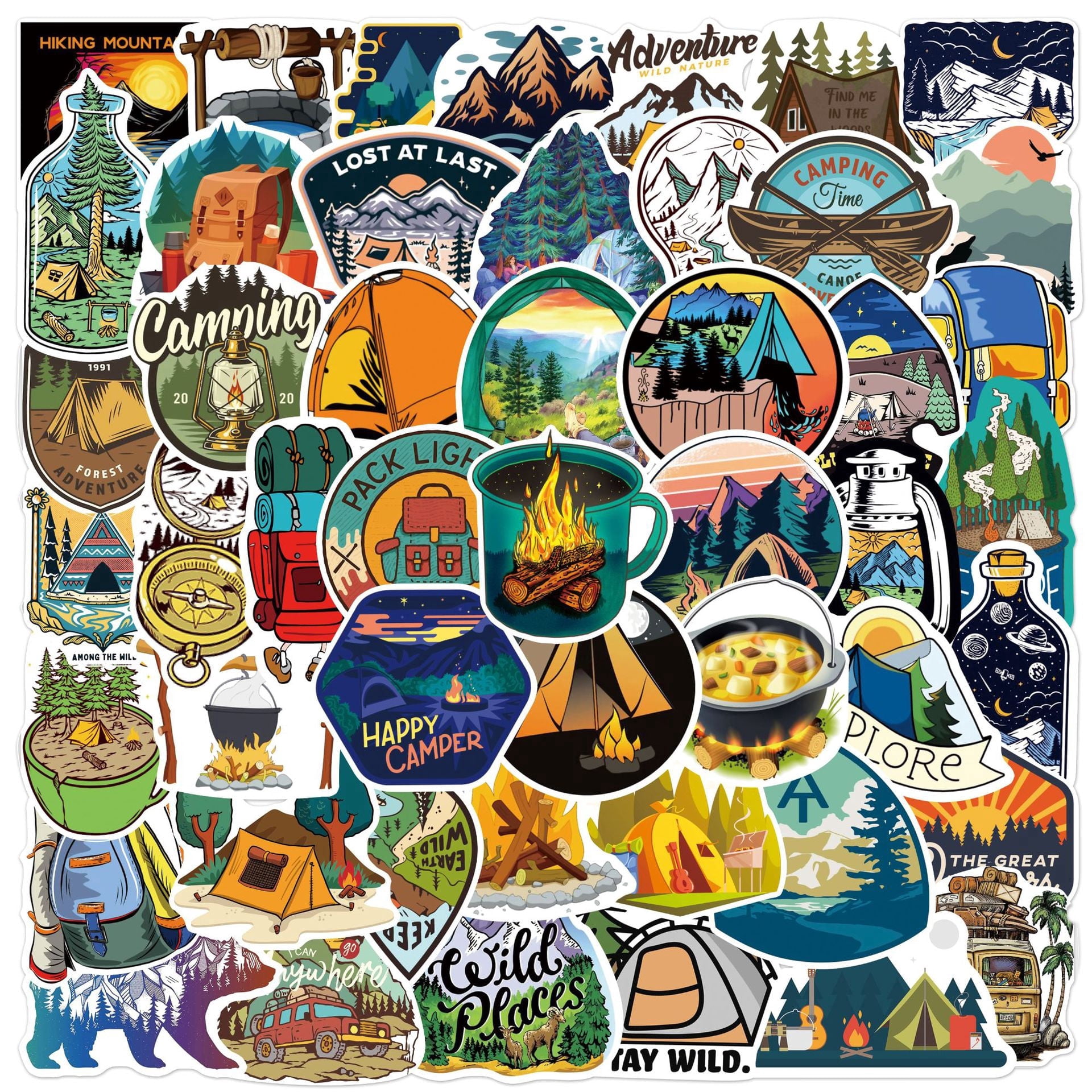 50 Camping Stickers Pack, Waterproof Outdoor Adventure Vinyl Stickers ...