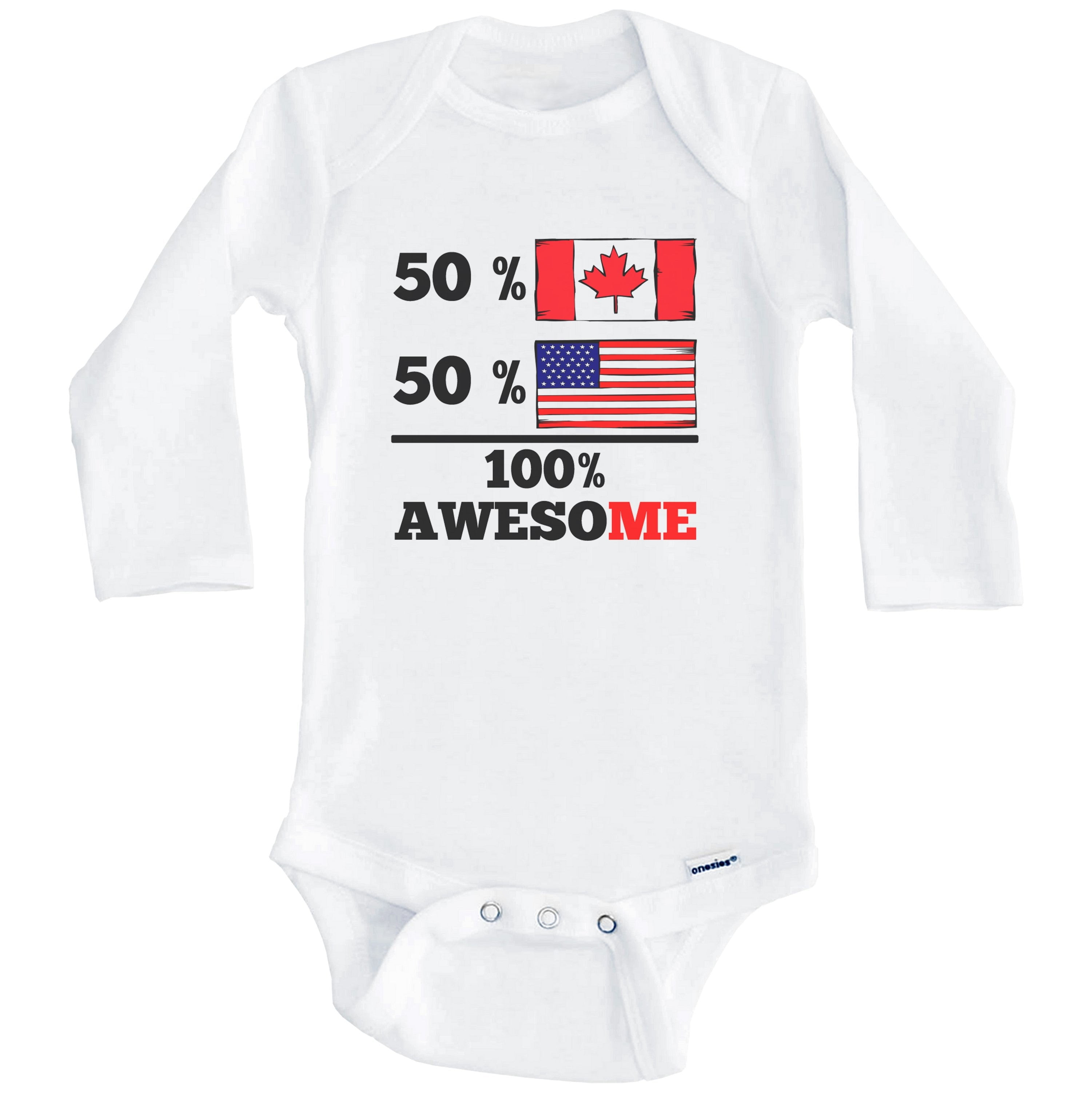 50% Canadian 50% American 100% Awesome Funny Canada Flag One Piece Baby Bodysuit (Long Sleeve), 3-6 Months White