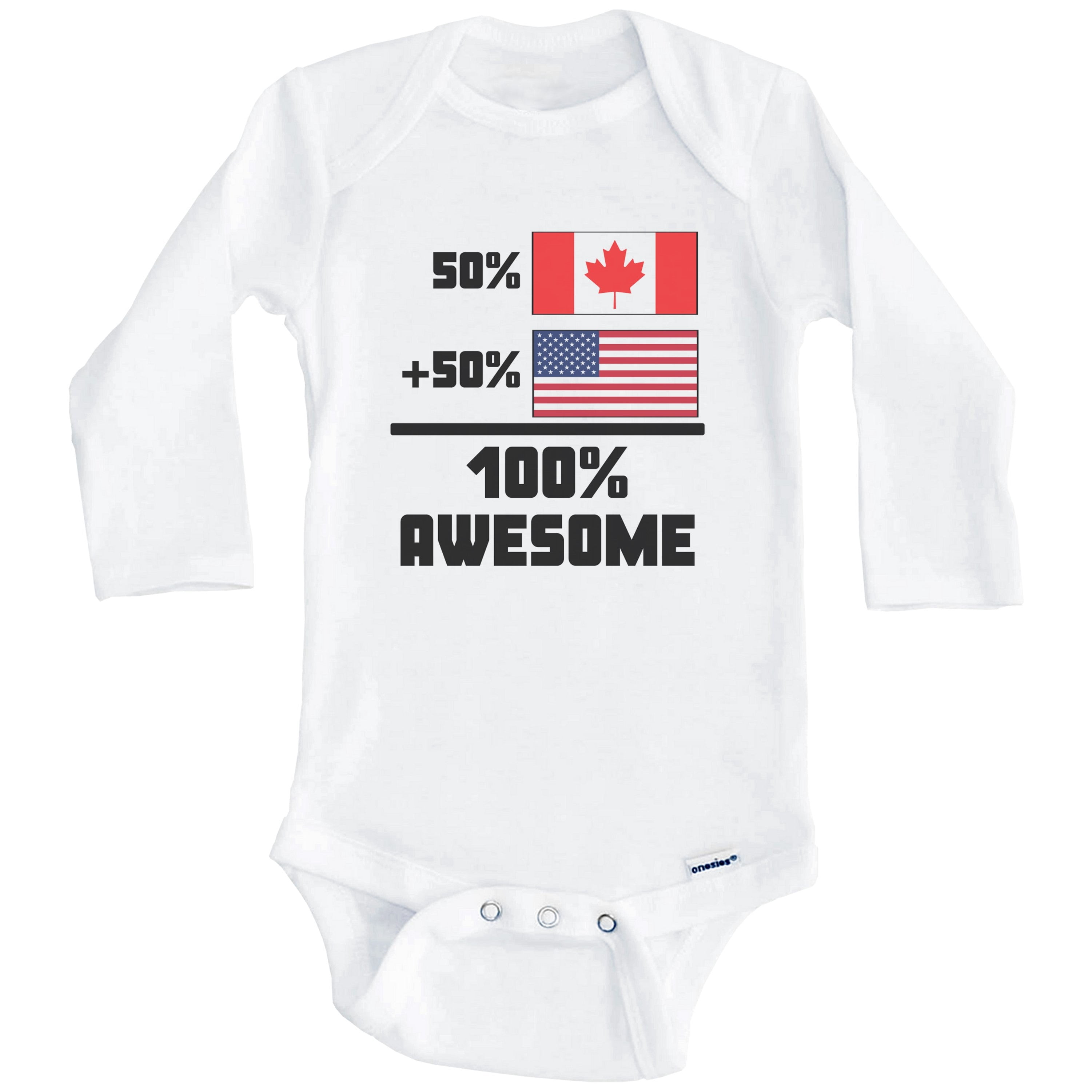 50% Canadian 50% American 100% Awesome Funny Flag One Piece Baby Bodysuit (Long Sleeve), 0-3 Months White