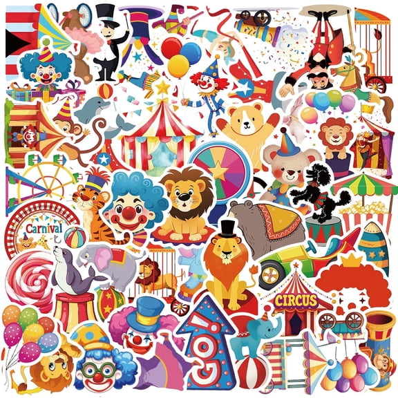 50 Carnival Circus Stickers, Waterproof Vinyl Circus Decals for Water Bottles, Laptops, Notebooks, Journals, Phone Cases, Party Favors