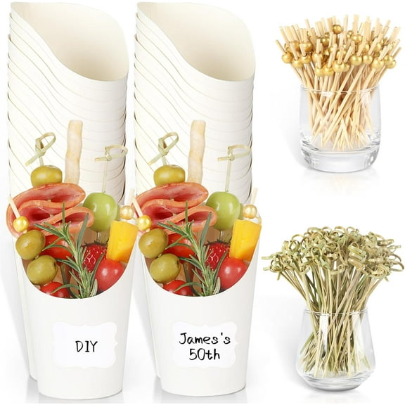 50 Charcuterie Cups (14 oz) + 200 Cocktail Picks (2 Types) + 50 Labels, White Disposable Charcuterie Cups with Sticks for Charcuterie Boards Accessories