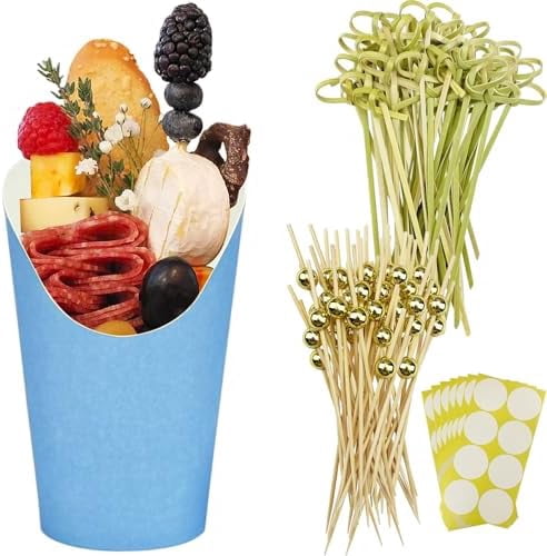 50 Charcuterie Cups + 200 Cocktail Picks + 56 Labels, 12 oz Disposable Charcuterie Cups with Sticks (2 Types), French Fry Cup Blue Paper Appetizer Cup for all Occasions (Blue)