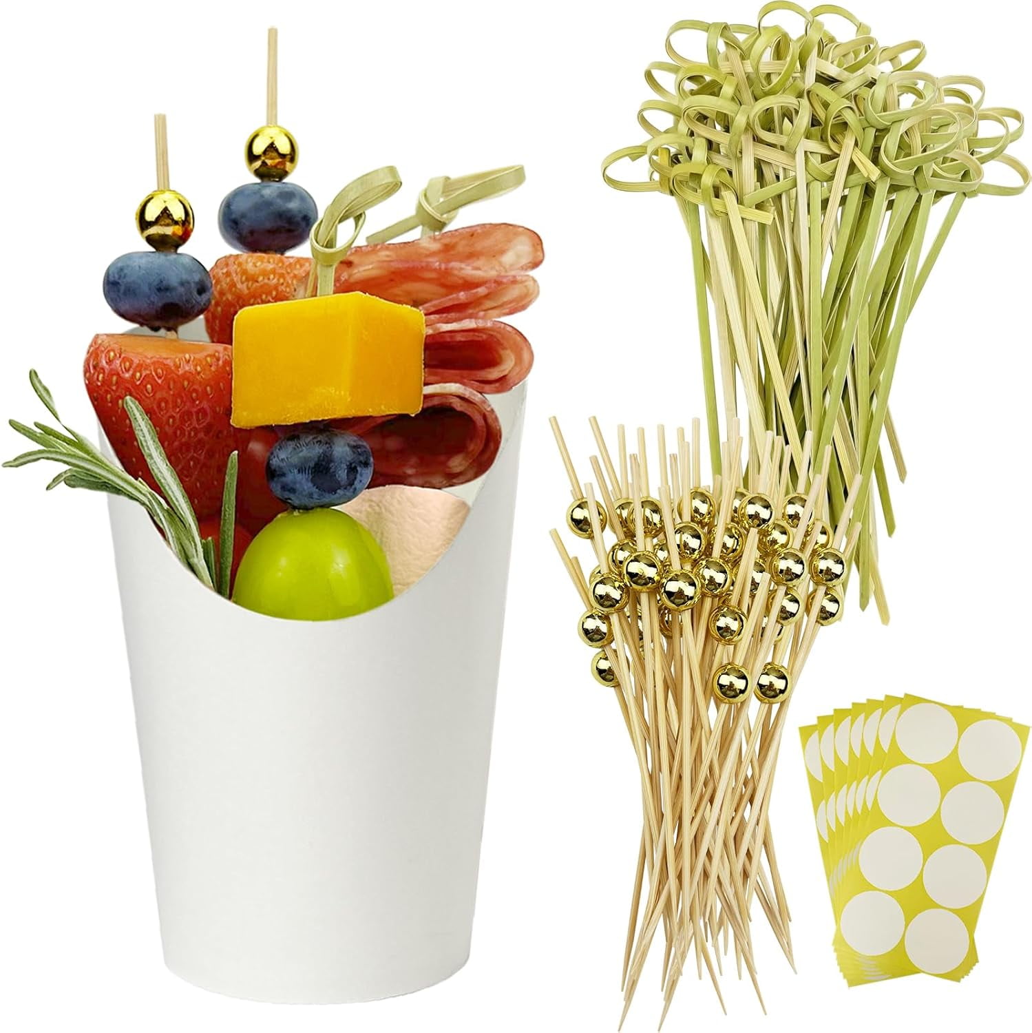 50 Charcuterie Cups + 200 Cocktail Picks + 56 Labels, 12 oz Disposable Charcuterie Cups with Sticks (2 Types), French Fry Cup White Paper Appetizer Cup for all Occasions（White）