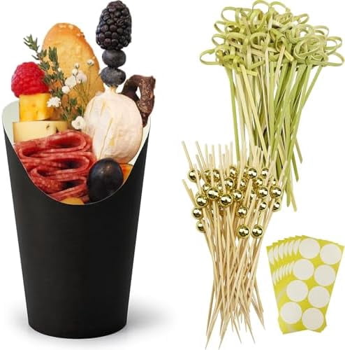 50 Charcuterie Cups + 200 Cocktail Picks + 56 Labels, 12 oz Disposable Charcuterie Cups with Sticks (2 Types), French Fry Cups Brown Paper Appetizer Cups for all Occasions（Black）