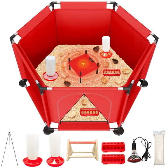 50"Chick Brooder Kit with  Red Temperature-Controlled Heating Plate, Hexagonal  Poultry Brooding Pen with Feeder, Waterer, Perch & Bedding - Brooder House for Chicks, Ducklings, Rabbits, Puppies