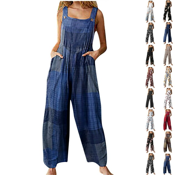2024 Jumpsuits for Women Casual Oversize Fashion Ethnic Style Patchwork Vintage Printed Buttons Suspender Jumpsuit Gift for Women On Sale