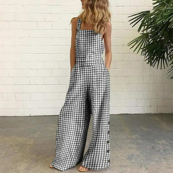 50% off Clear! 2024 Jumpsuits for Women Casual Oversize Sleeveless Overalls Jumpsuit Casual Plaid Print Summer Wide Leg Bib Pants Gift for Women On Sale