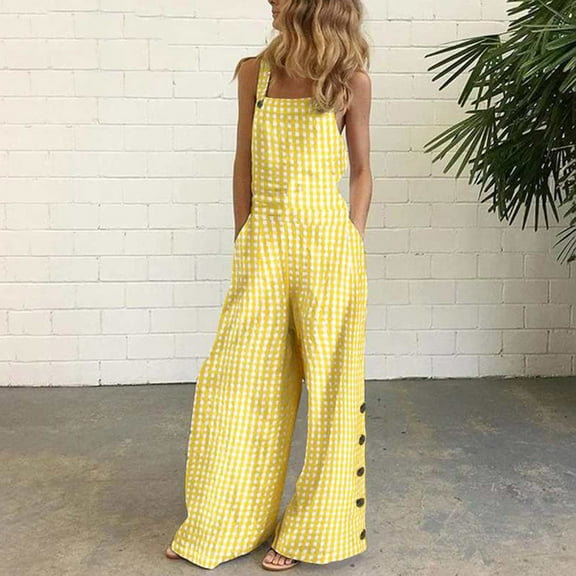50% off Clear! 2024 Jumpsuits for Women Casual Oversize Sleeveless Overalls Jumpsuit Casual Plaid Print Summer Wide Leg Bib Pants Gift for Women On Sale