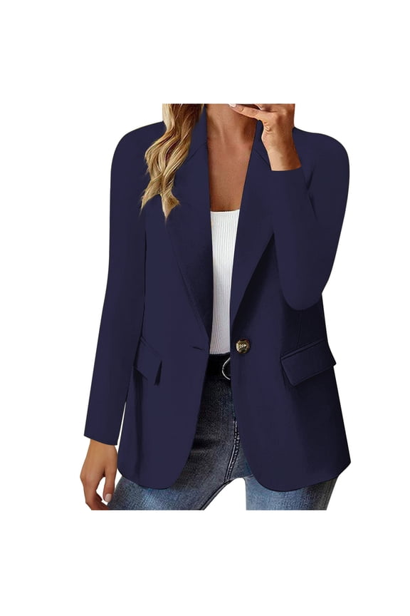 Women's Plus Size Short Blazer Suit with Pockets Lapel Open Front Jacket Solid Work Coat Business Attire Casual Lined Long Sleeve Button Front Cardigan Blue XXL