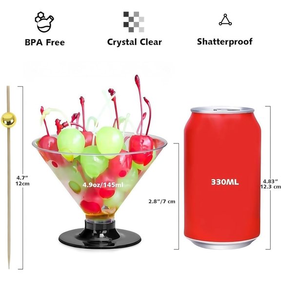 50 Clear Disposable Plastic Martini Glasses for Parties 5oz, with 100 Cocktail Picks Bundle, Martini Cups for Wine Ice Cream Fruit$$Home Decor, Kitchen, & Other