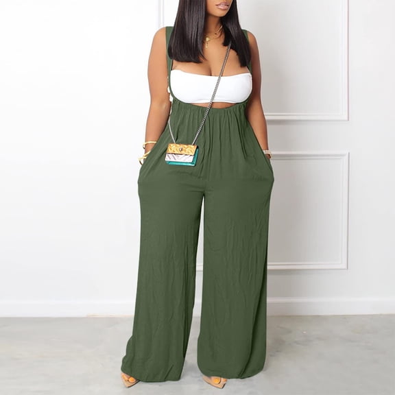GaThRRgYP Women's Plus Size Trousers,Women's Casual Sleeveless Loose Straps Solid High Waist Wide Leg Jumpsuit Rompers with Pocket