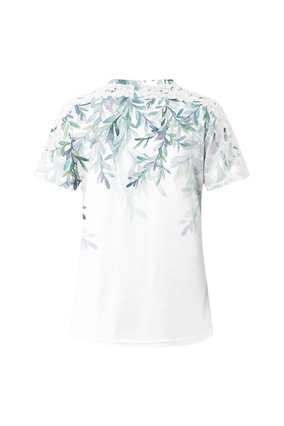 Spring Tops for Women 2025,Dressy Blouses for Women,Women Printing Round-Neck Lace Hollow Out Short Sleeve Pullover Slimming Blouse T-Shirt Tops